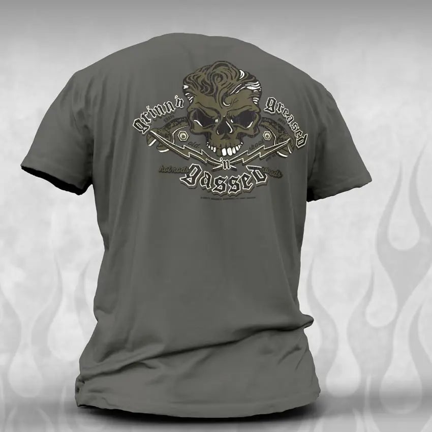 Rockabilly Skull & Wrenches T-Shirt - Kustom Design - Primer Grey - X-Large