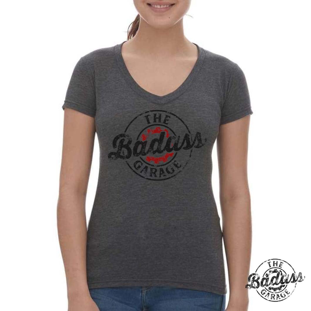The Badass Garage Distressed Logo Ladies V-Neck T-Shirt
