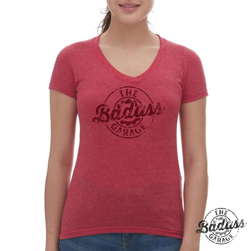 The Badass Garage Distressed Logo Ladies V-Neck T-Shirt